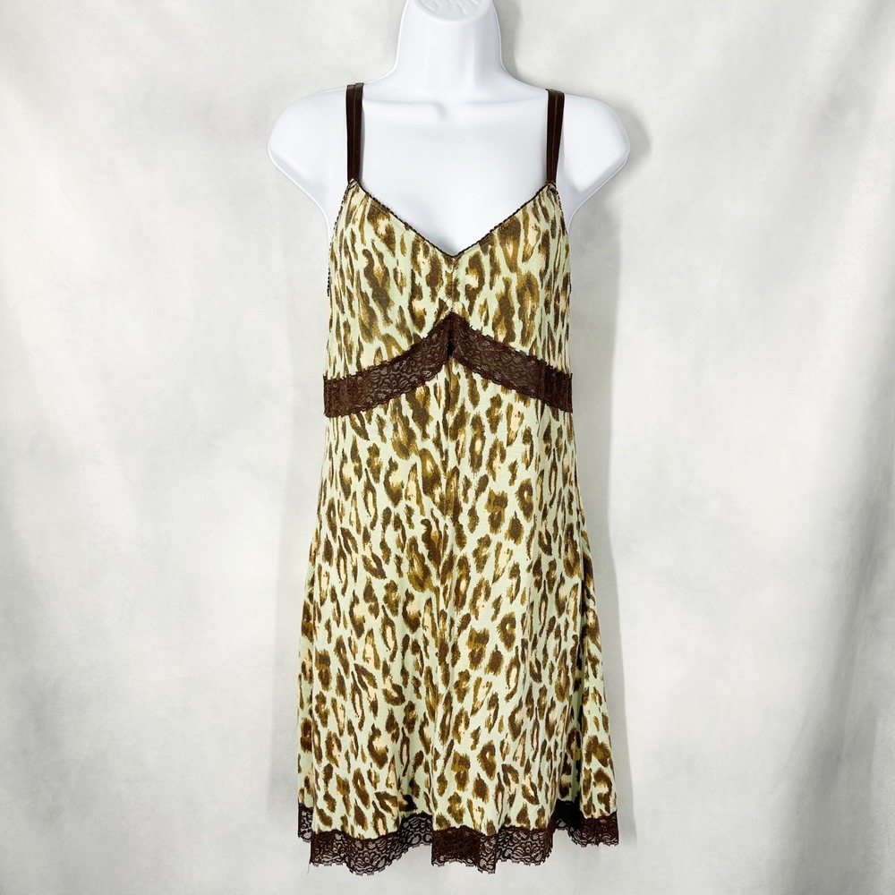 P.J. Salvage Spaghetti Strap Green Leopard Brown Chemise Women's Size Large